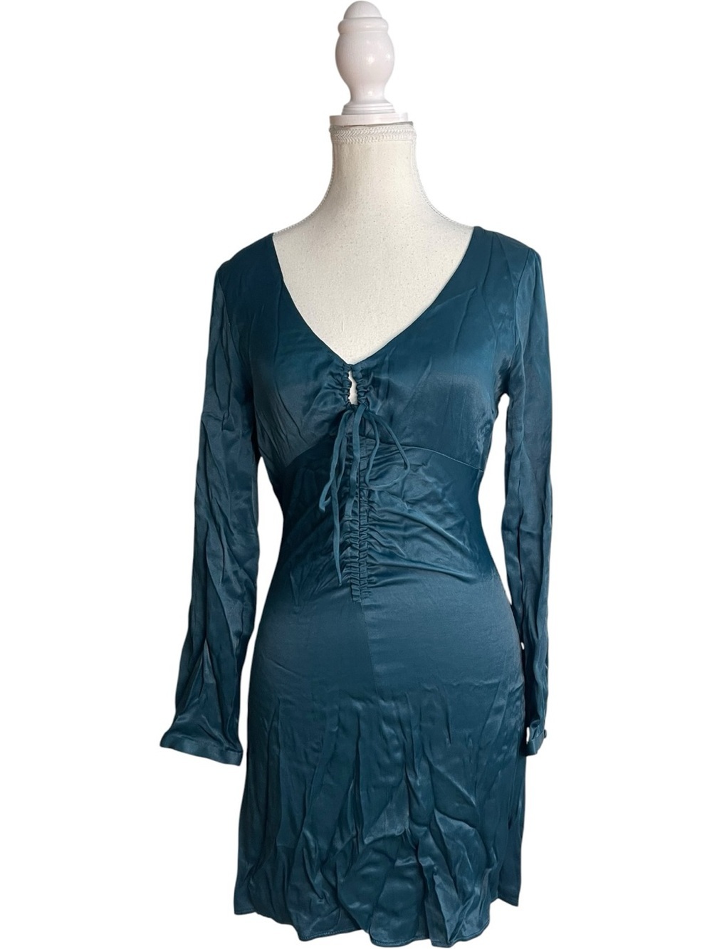 Zara Satin Cut Out Long Sleeve Mini Dress Duck Green